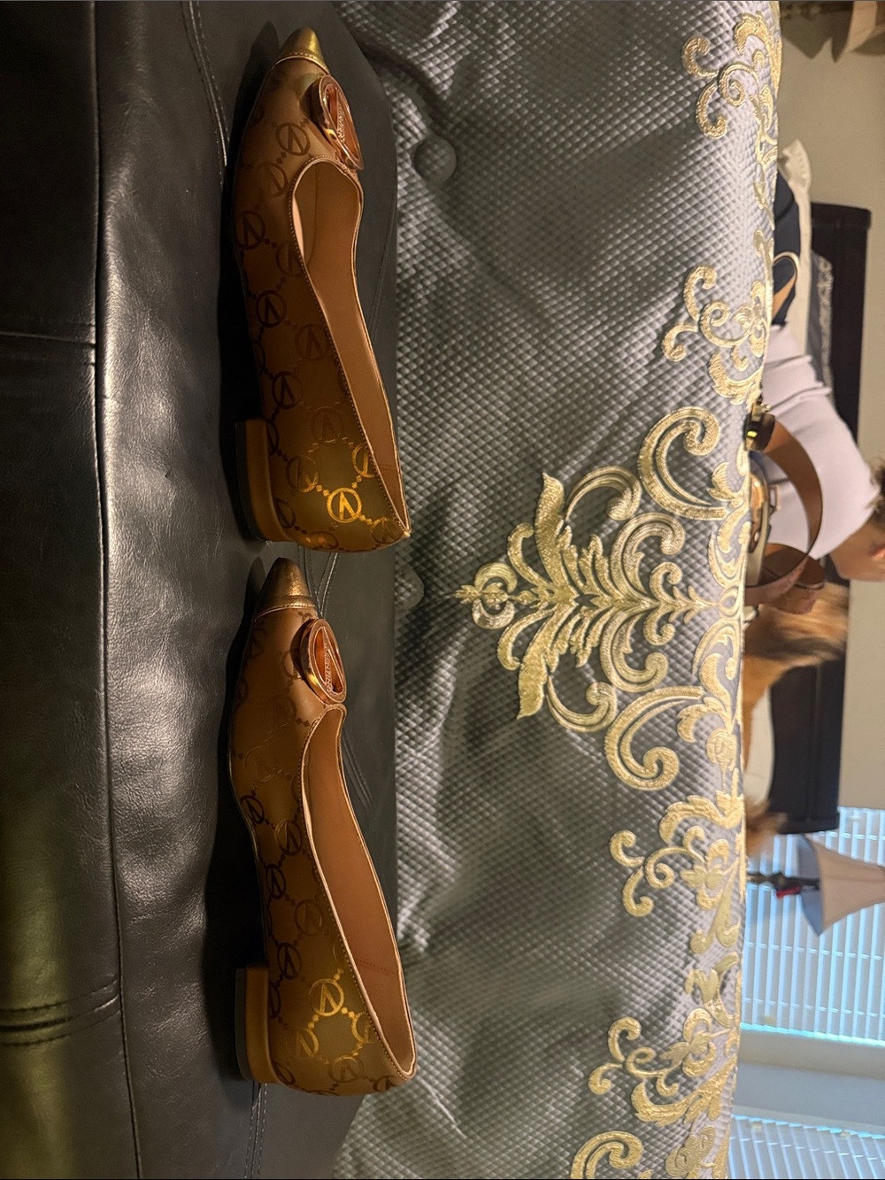 Valentino Tan Leather Pointed-Toe Logo Pumps with Gold Accents - Picture 3 of 4